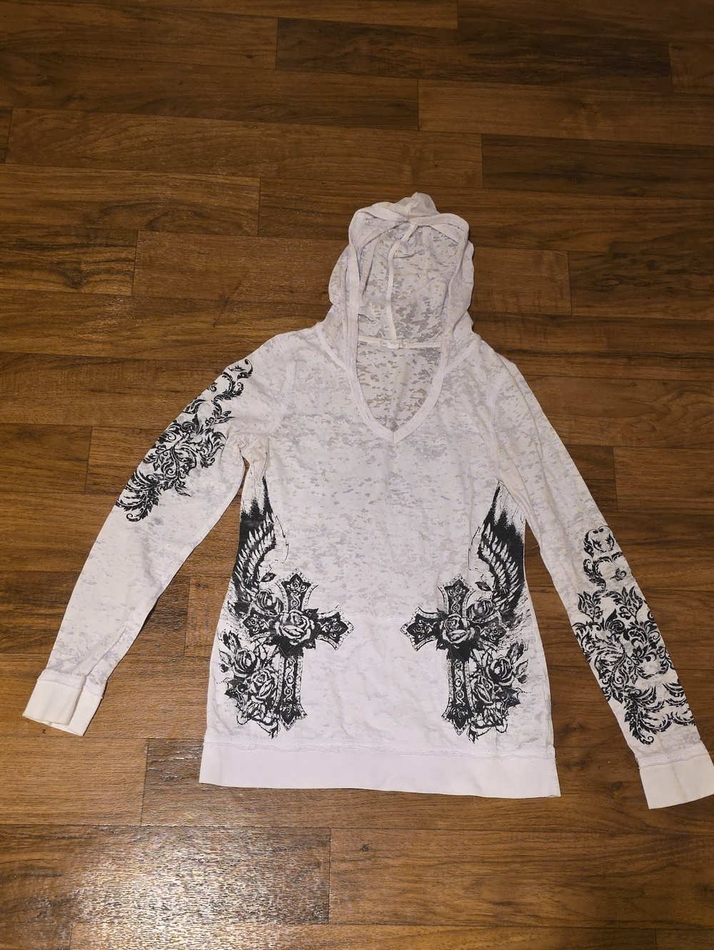 Warehouse White Hooded Long-Sleeve Top with Black Cross & Wing Graphics